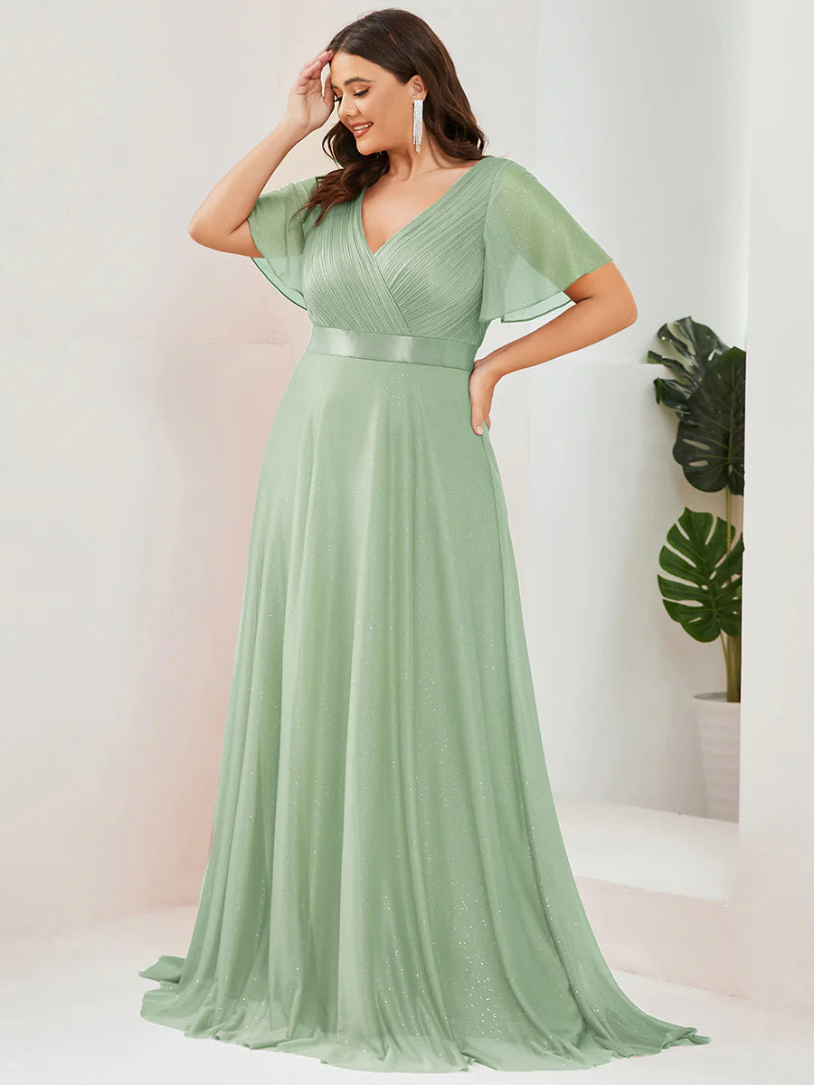 Plus Size Deep V Neck Ruffles Sleeve A Line Wholesale Evening Dresses