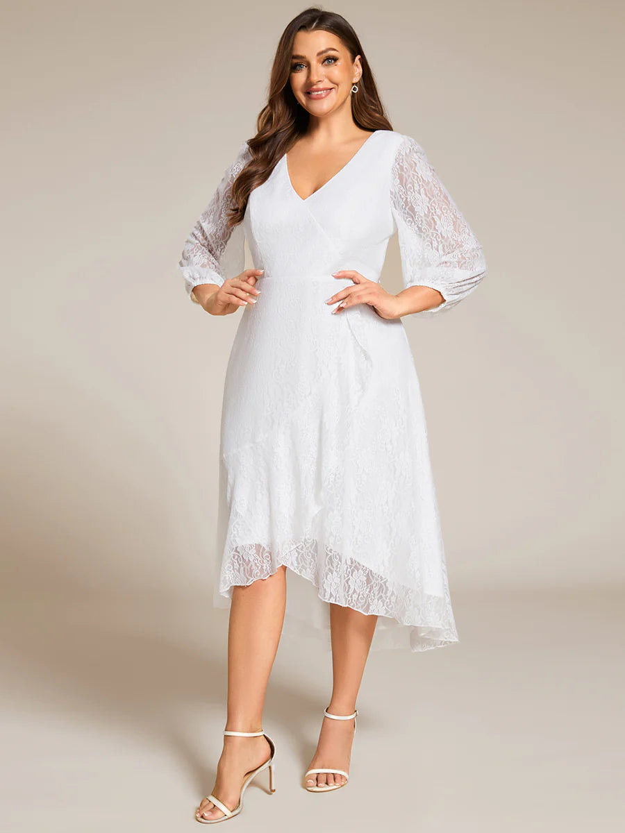 Plus Size Exquisite Long Lantern Sleeves Regular Fold Stream Lotus Leaf Hem Wedding Guest Dresses with Jacquard Decoration
