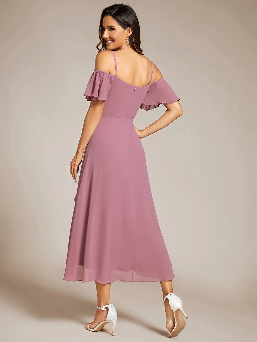 Chiffon Spaghetti Strap Cold Shoulder Tea Length Wedding Guest Dress
