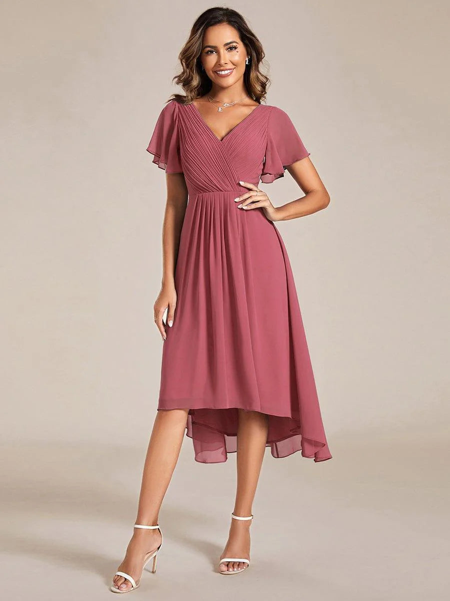 Chic V Neck High-Low Short Sleeve Wedding Guest Dress