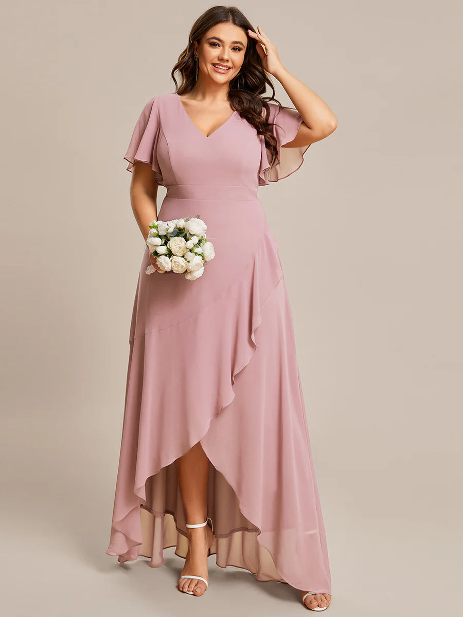 Plus V Neck High Low Ruffles Chiffon Wholesale Bridesmaid Dresses