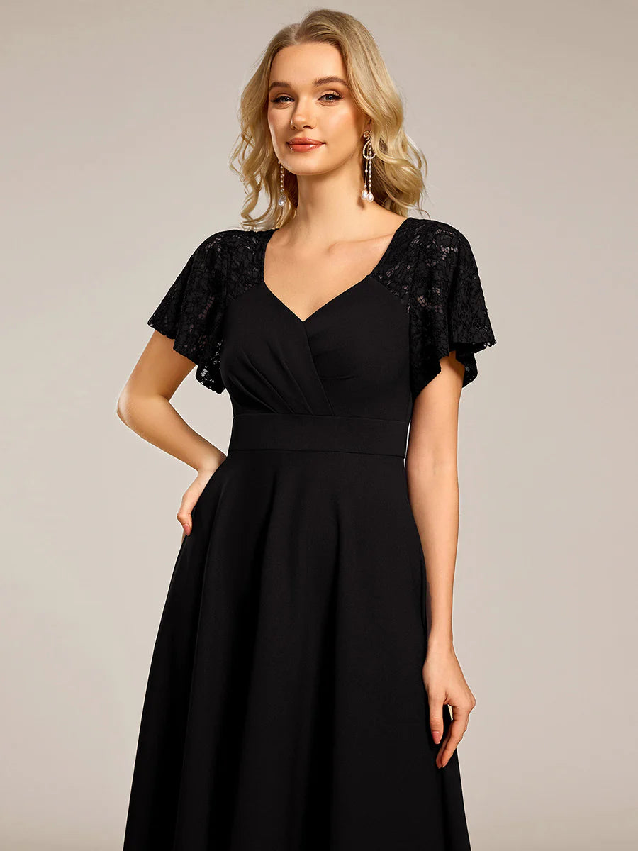 Short Sleeve Ruffle Sweetheart A-Line High Stretch Midi Wedding Guest Dress
