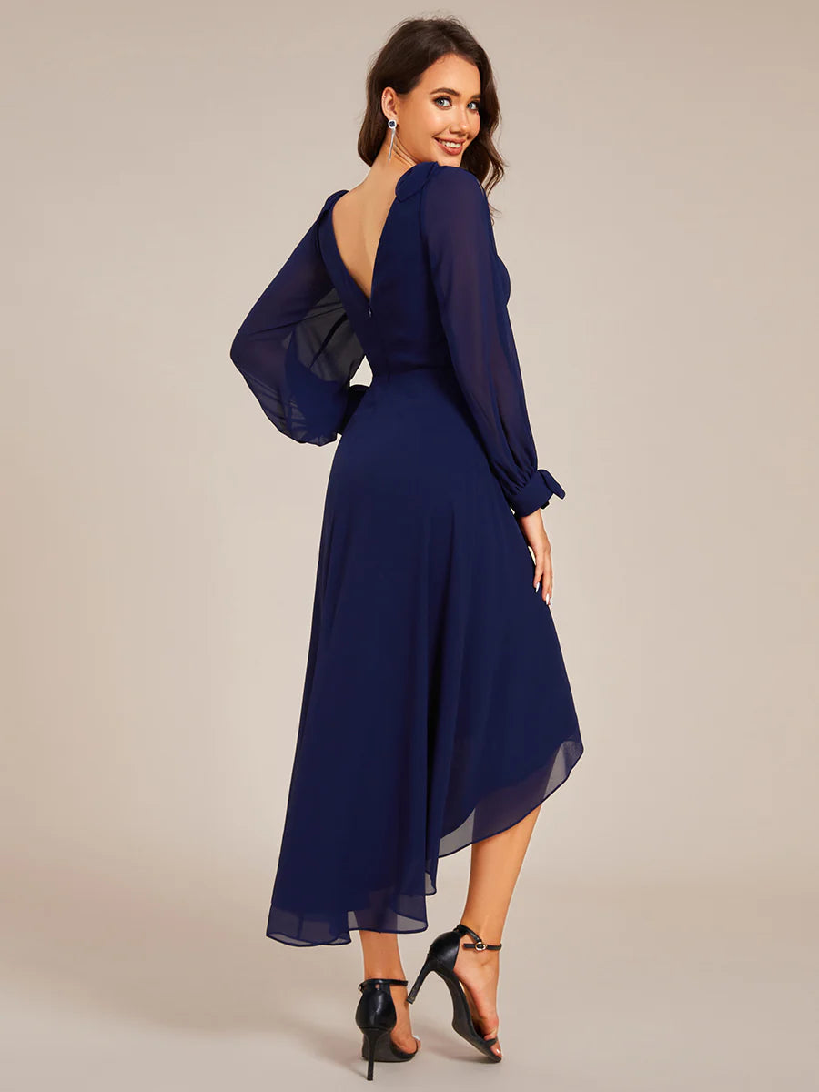 Elegant Butterfly Design Long Sleeves Midi Length A-Line Asymmetrical Hem Chiffon Dresses