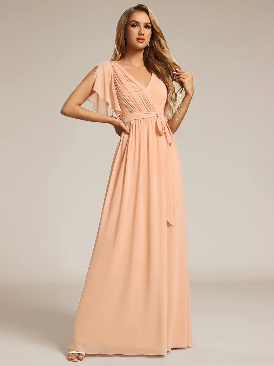 Short Sleeve Ruffle Deep V-Neck A-Line Floor Length Evening Dresses