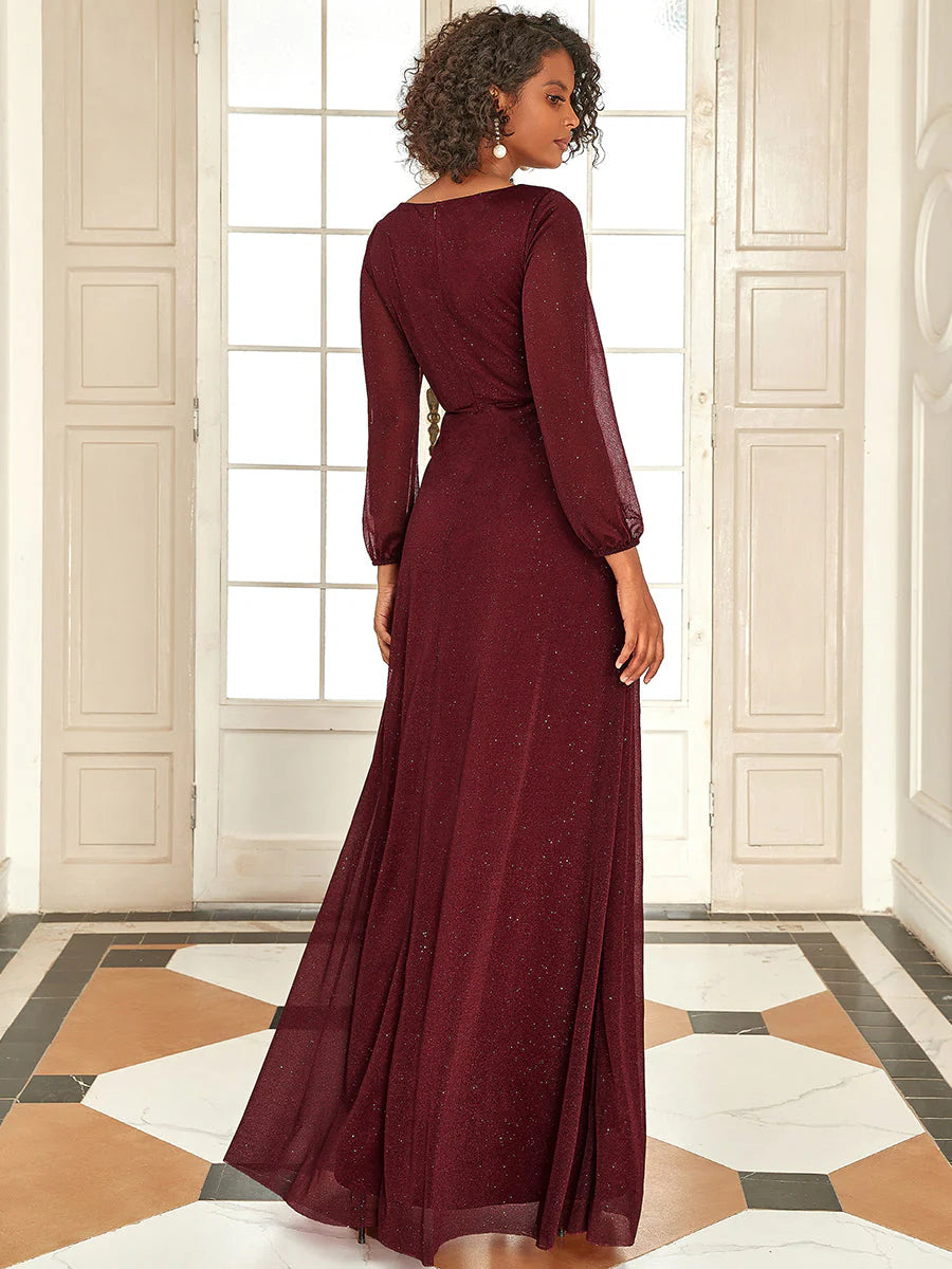 Sexy V-Neck Shiny Wholesale Evening Dresses With Long Sleeve