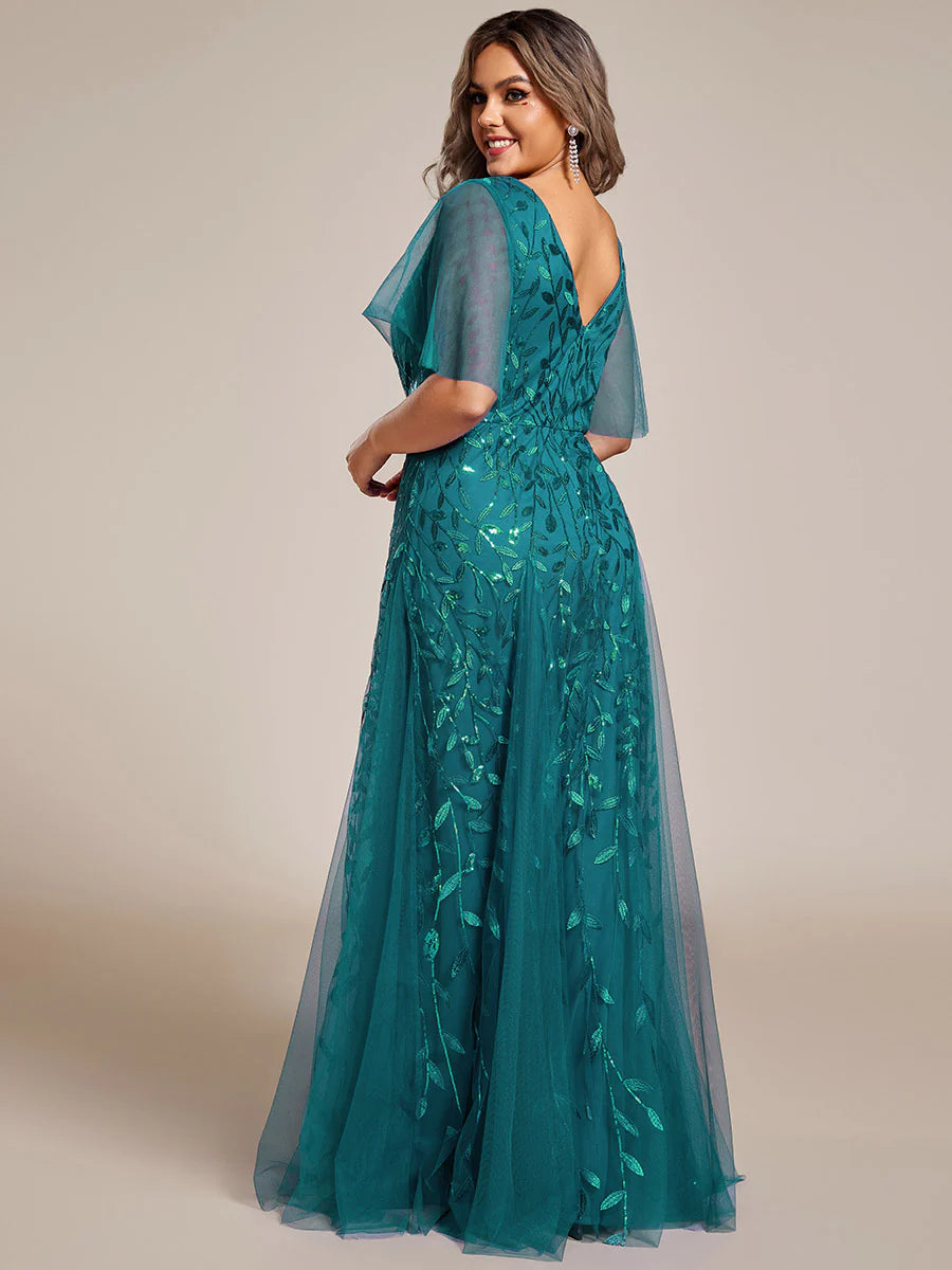 Plus Size Deep V Neck Wholesale Sequin Evening Gown With Short Sleeves