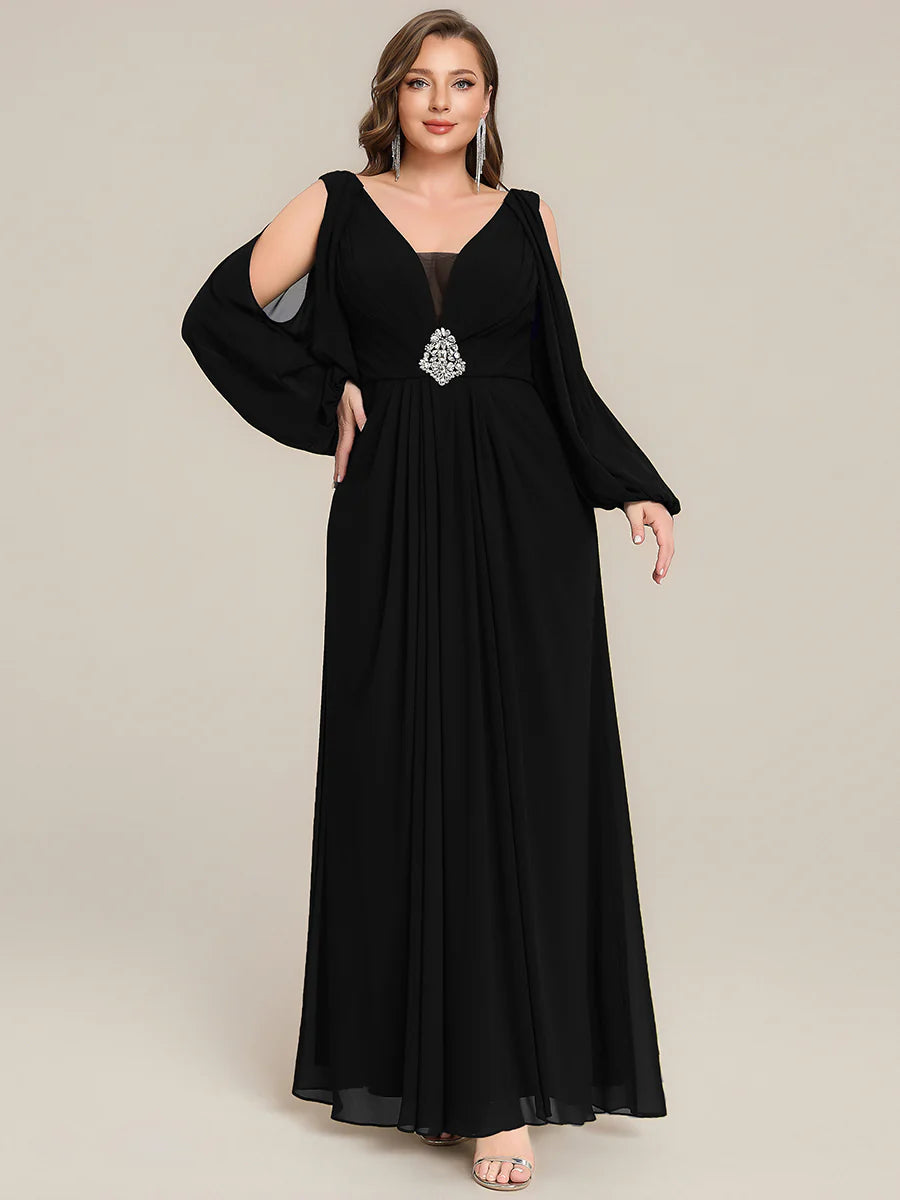 Volume Discounts Long Sleeve Lantern Sleeve A-Line Floor Length V-Neck Wedding Guest Dresses