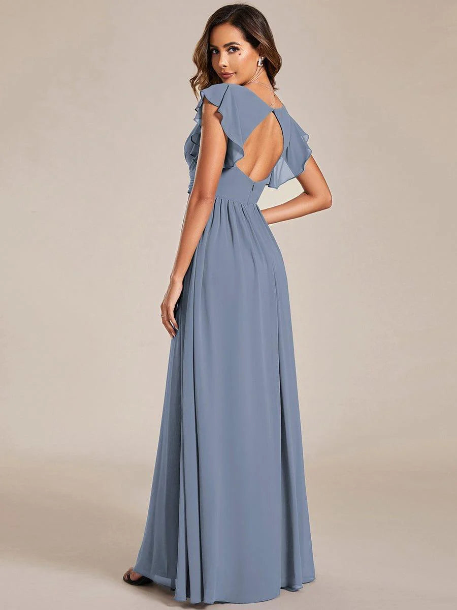 Ever LILYANA|Elegant V-Neck Open Back Ruffled Sleeves Chiffon Bridesmaid Dress