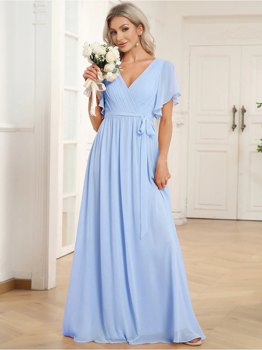 A Line Wholesale Evening Dresses with Deep V Neck Ruffles Sleeves