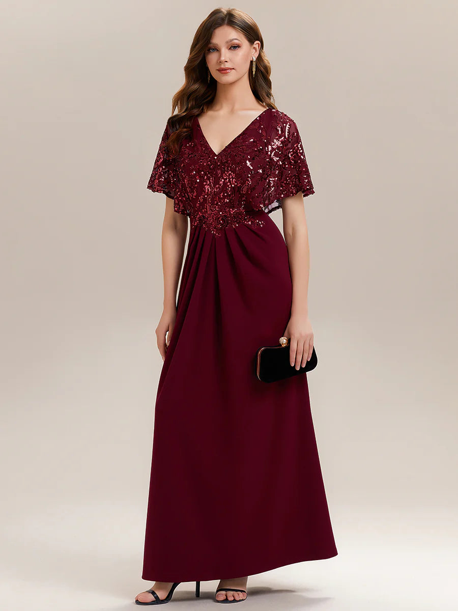 Bulk Order Short Sleeve Sequin Fishtail V-Neck Floor Length Evening Dresses