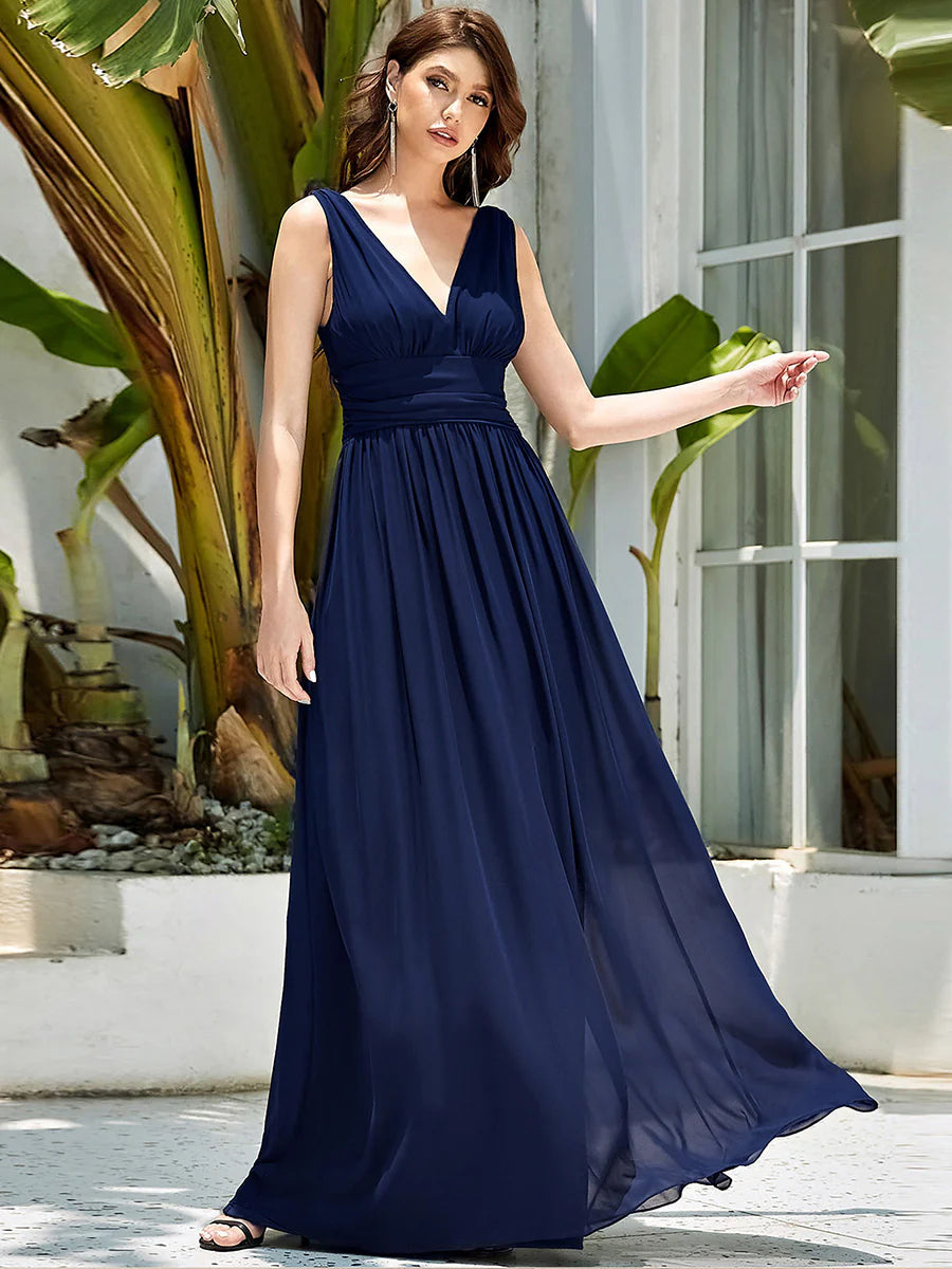 Elegant Double V-Neck Maxi Long Wholesale Bridesmaid Dresses
