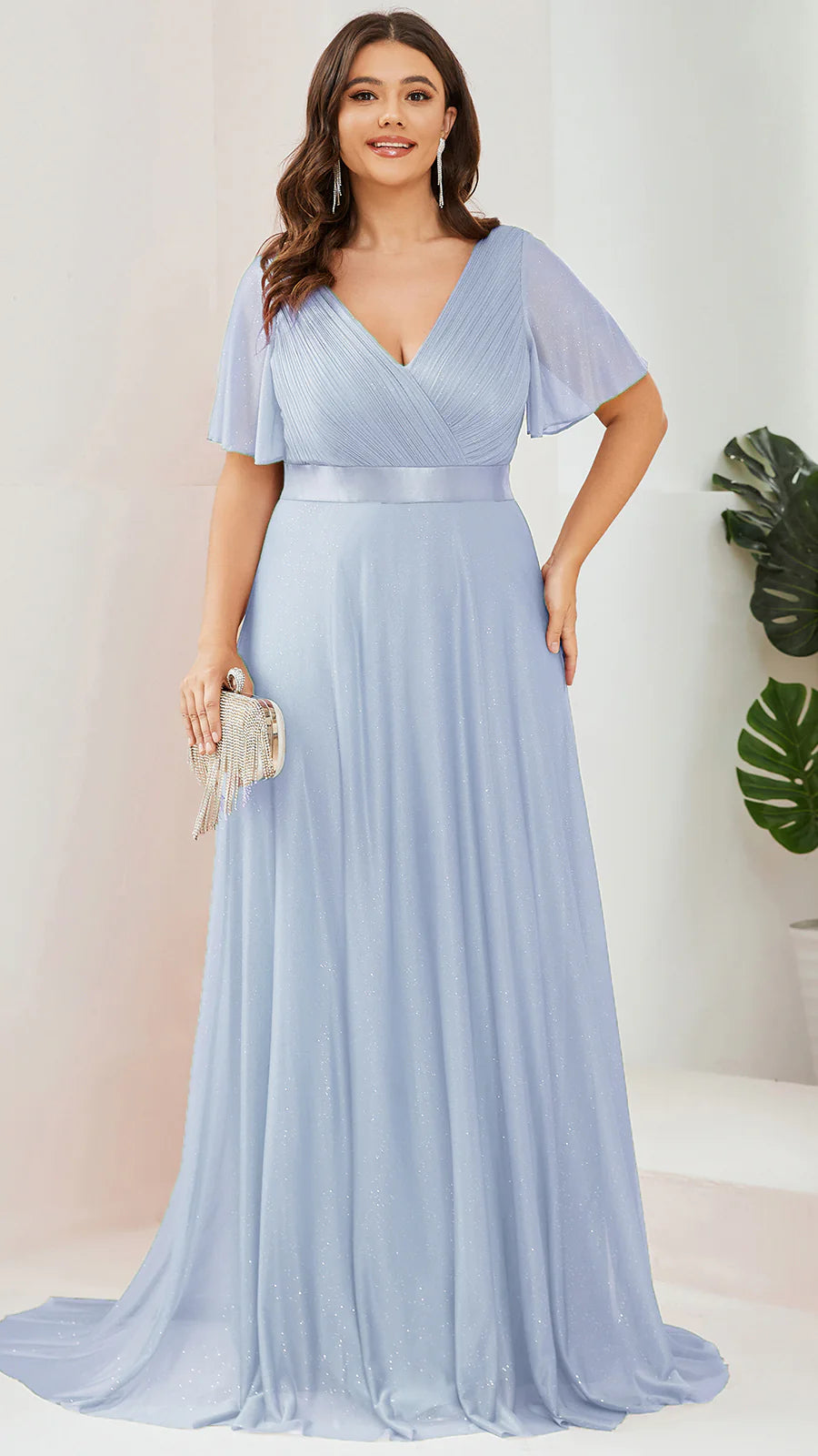 Plus Size Deep V Neck Ruffles Sleeve A Line Wholesale Evening Dresses
