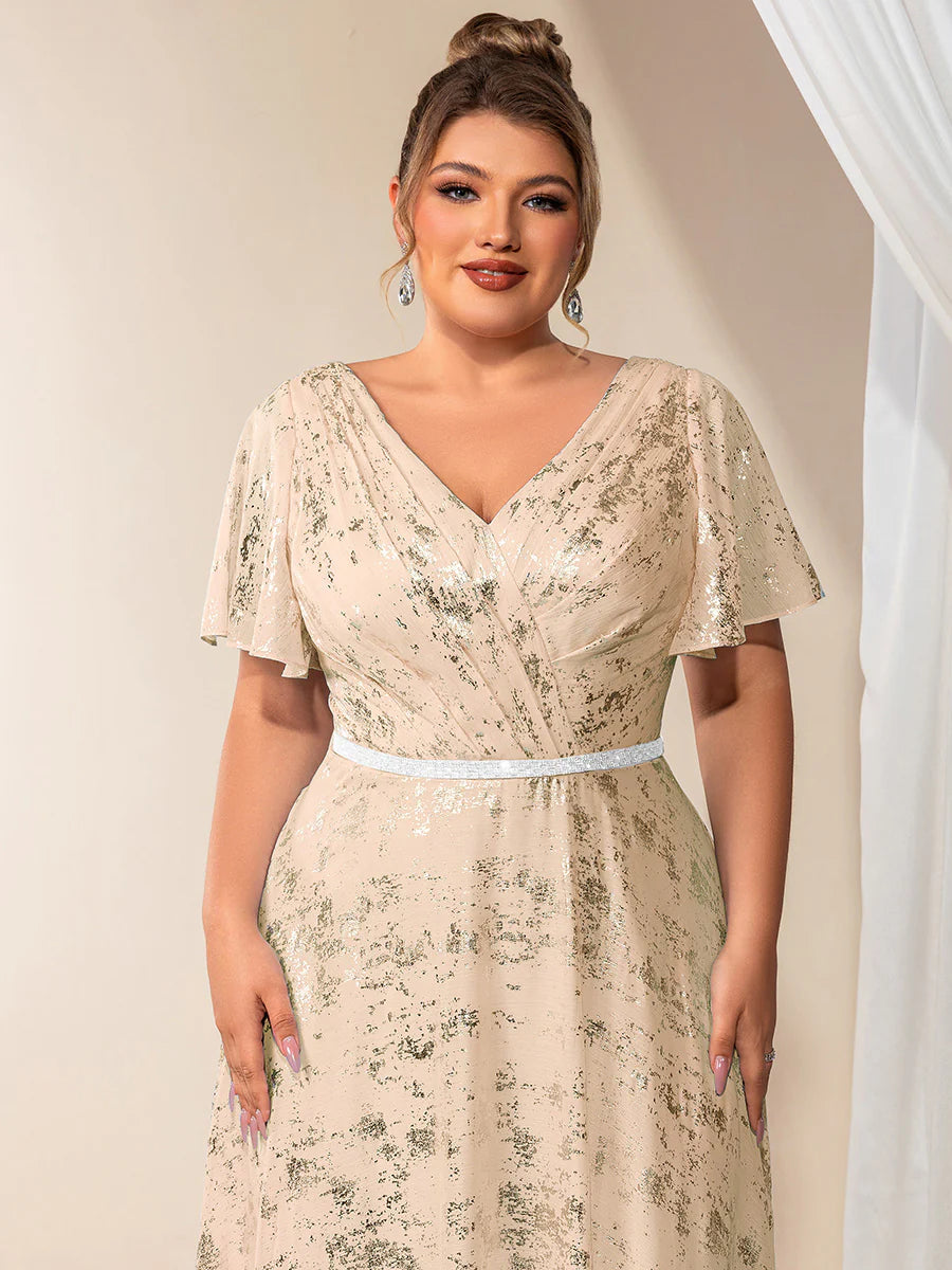 Bulk Order Plus Size Short Sleeve Ruffle A-Line Floor Length V-Neck Evening Dresses