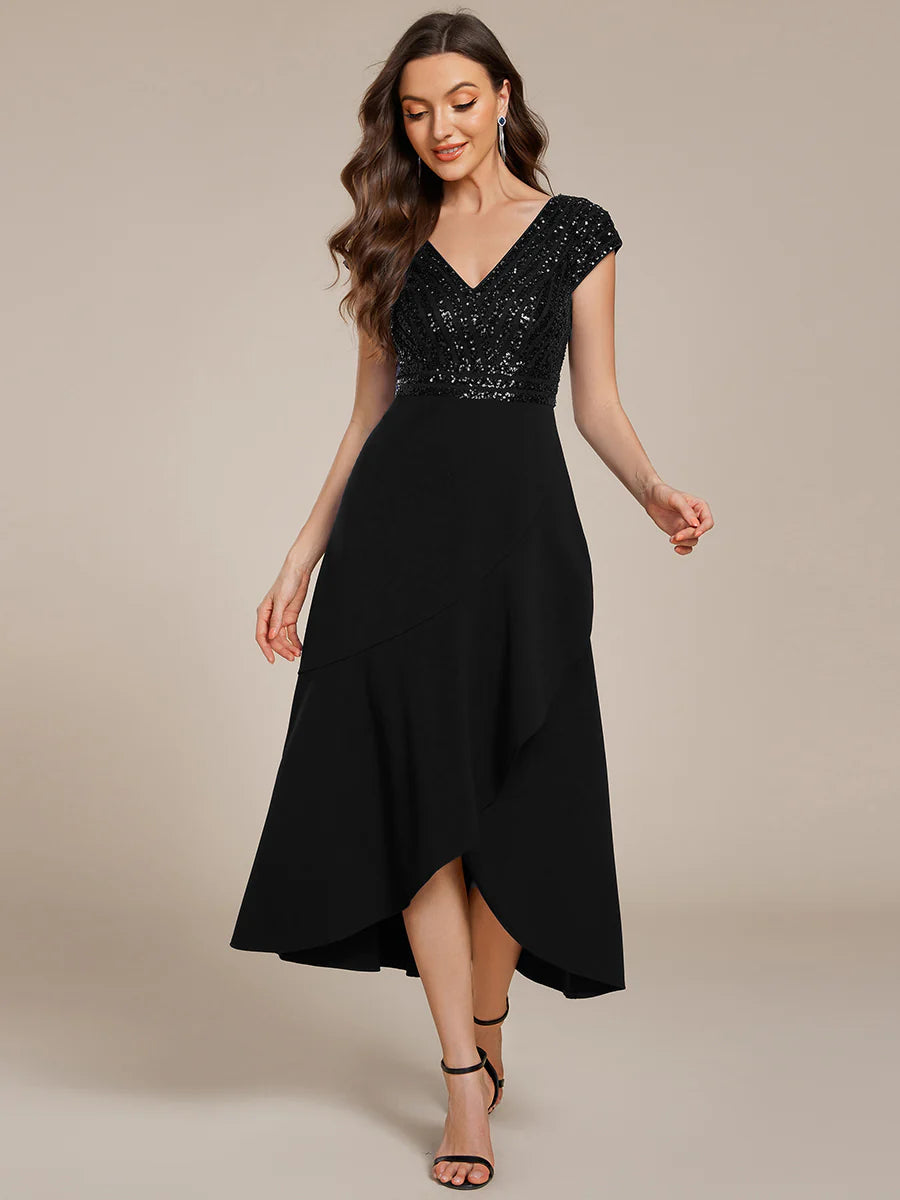 Asymmetrical Hem Short Sleeve V-Neck Formal Evening Dress with Paillette Detail