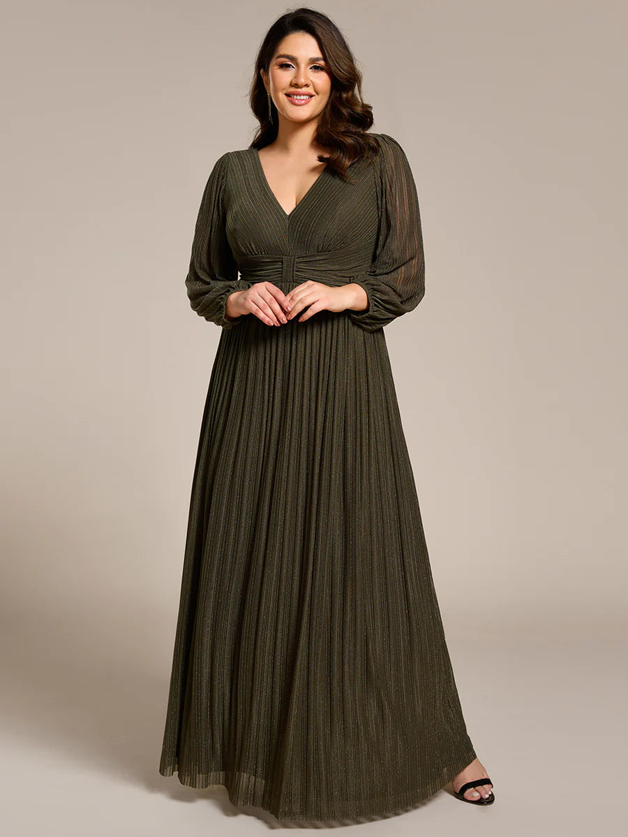Plus Size Maxi Long Chiffon Waist  V Neck Wholesale Evening Dress with Long Sleeves