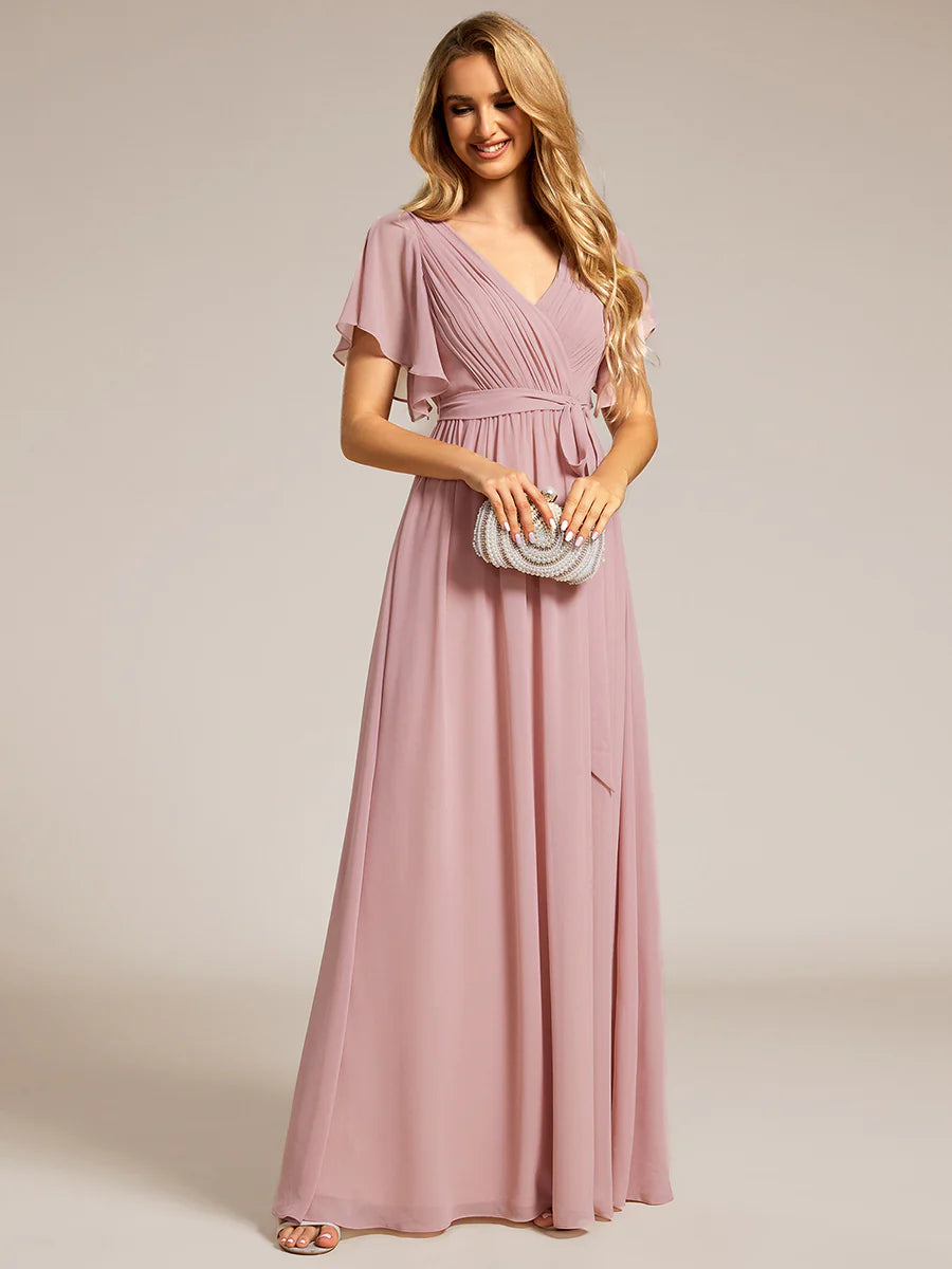 A Line Wholesale Evening Dresses with Deep V Neck Ruffles Sleeves
