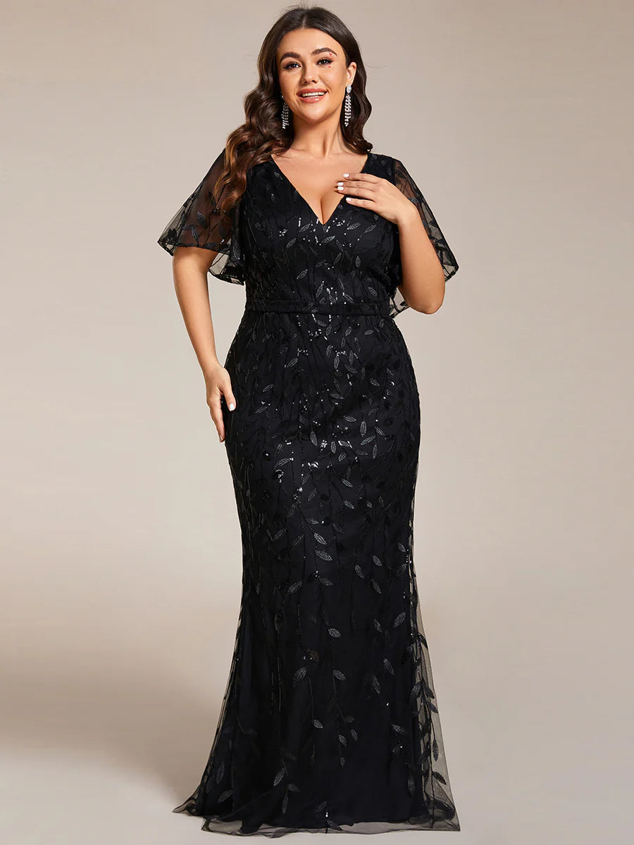 Fashion Plus Size Deep V Neck Wholesale Sequin & Tulle Evening Dress