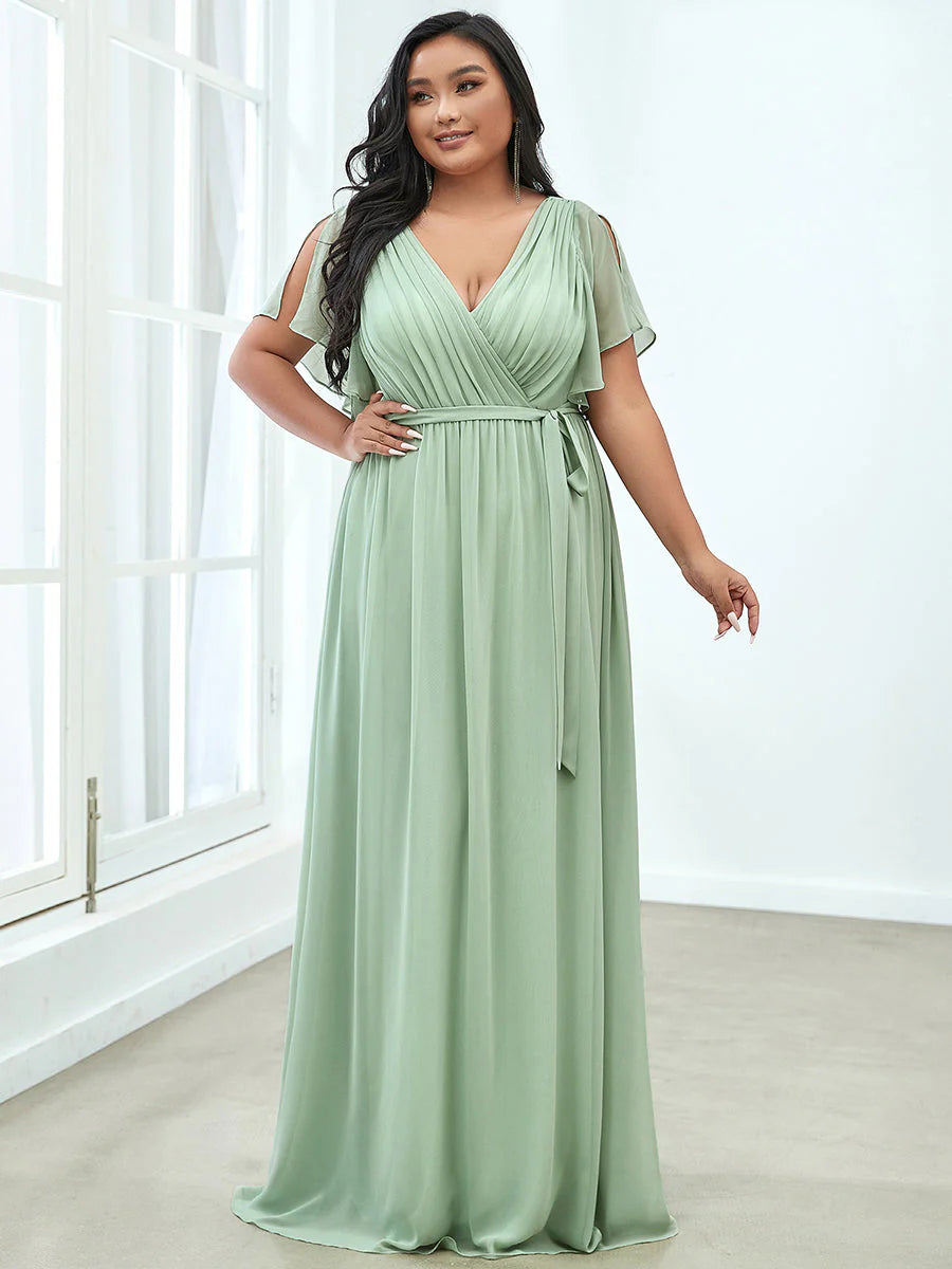 A Line Plus Size Wholesale Bridesmaid Dresses with Deep V Neck Ruffles Sleeves