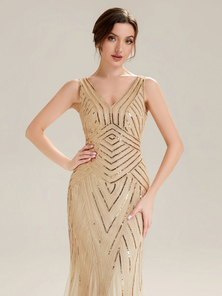 Commercial Wholesale Sleeveless High Stretch Fishtail Beaded V-Neck Evening Dresses