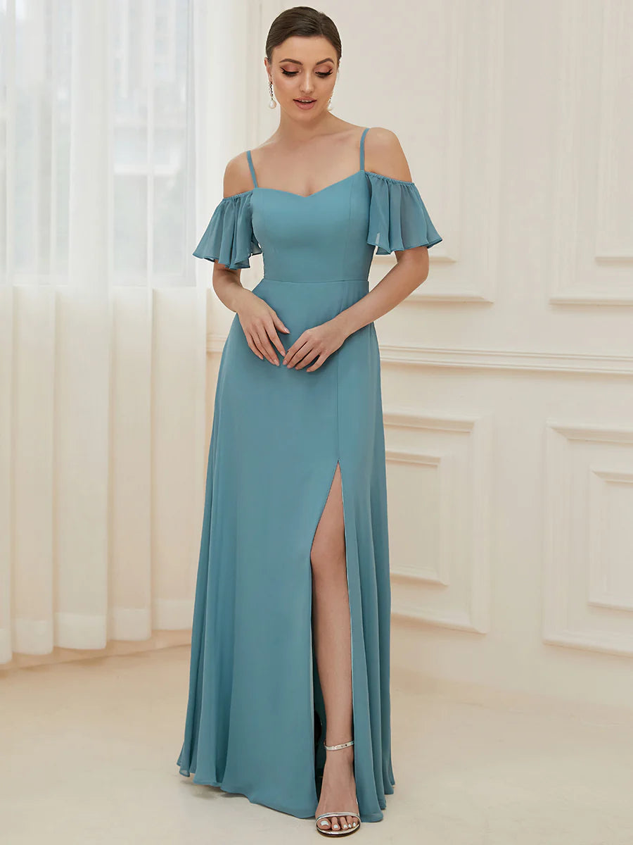Wholesale High Split Chiffon Bridesmaid Dress With Spaghetti Straps