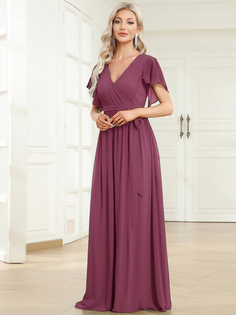 Short Sleeve Ruffle Deep V-Neck A-Line Floor Length Evening Dresses