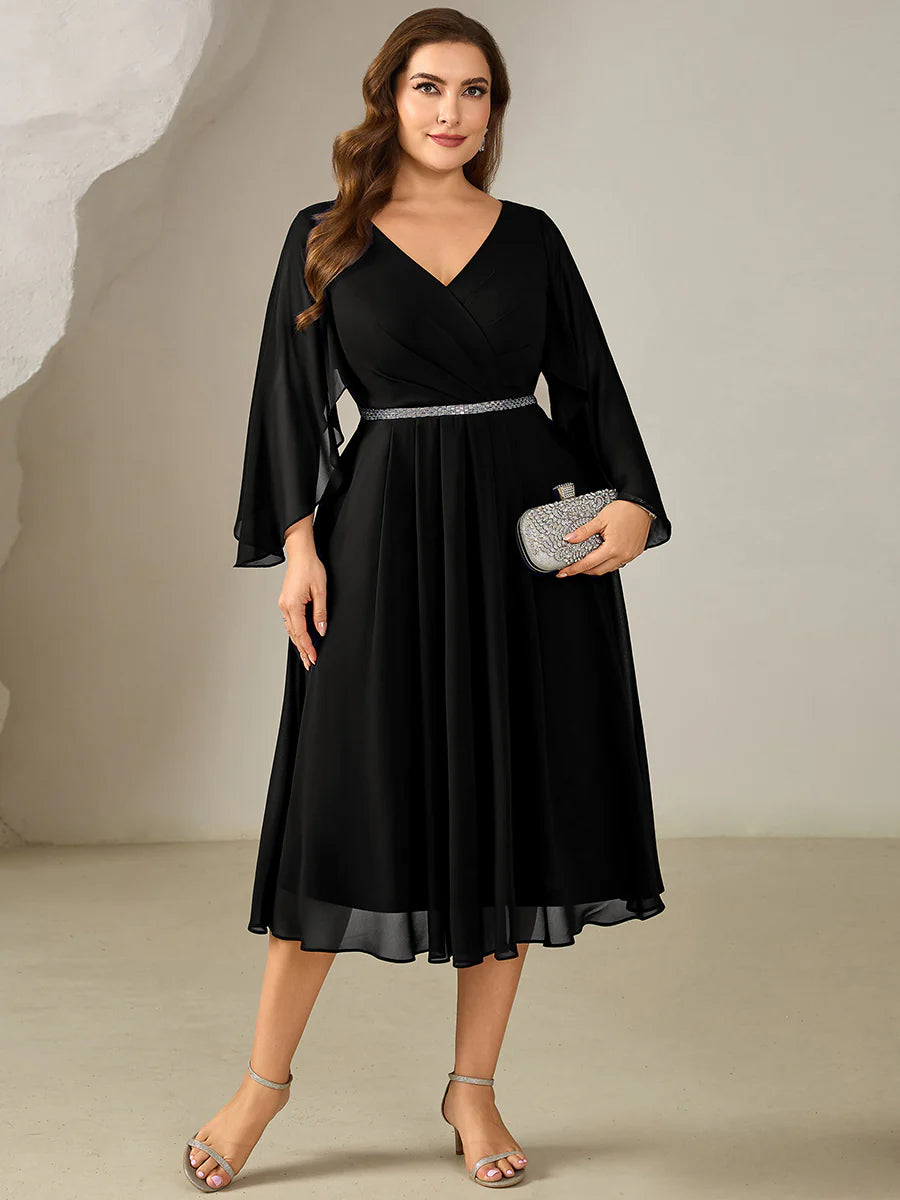 Plus Size 3/4 Sleeve Ruffle Deep V-Neck A-Line Midi Wedding Guest Dresses
