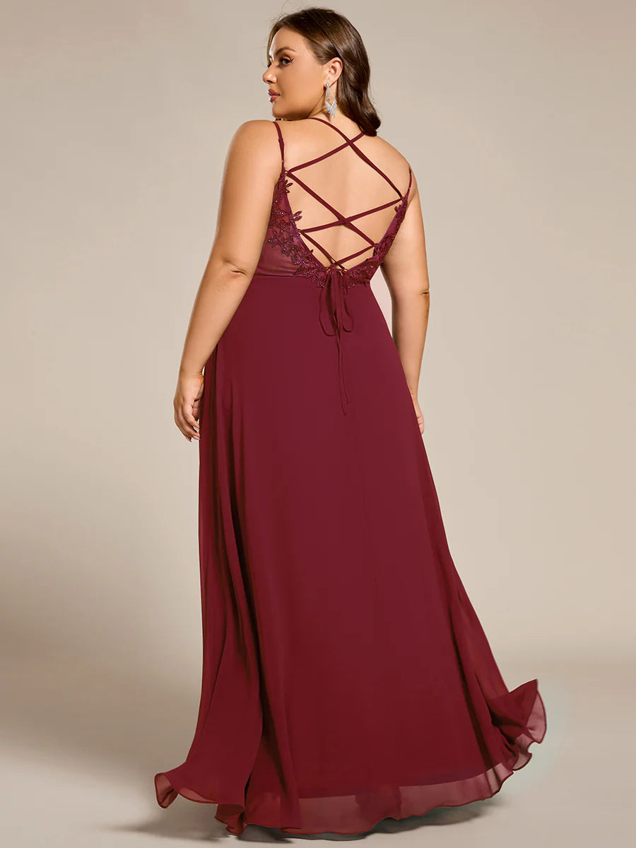 Plus Size Sleeveless V-Neck Appliques A-Line Floor Length Bridesmaid Dresses
