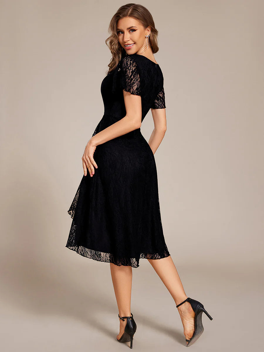 Short Sleeve Ruffled V-Neck A-Line Midi Wedding Guest Dress