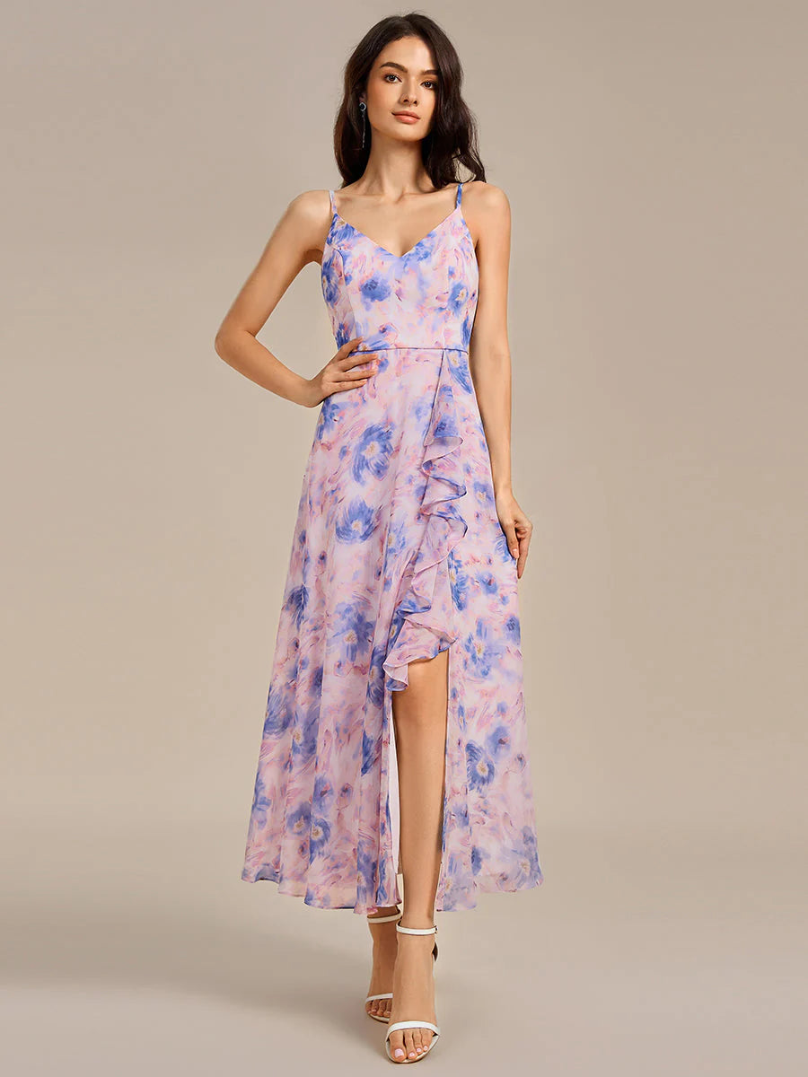 Sleeveless Deep V-Neck Floral A-Line Maxi Dress with Slit; Bridesmaid dresses