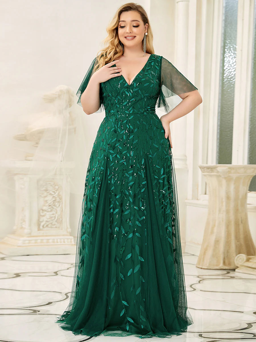 Plus Size Deep V Neck Wholesale Sequin Evening Gown With Short Sleeves