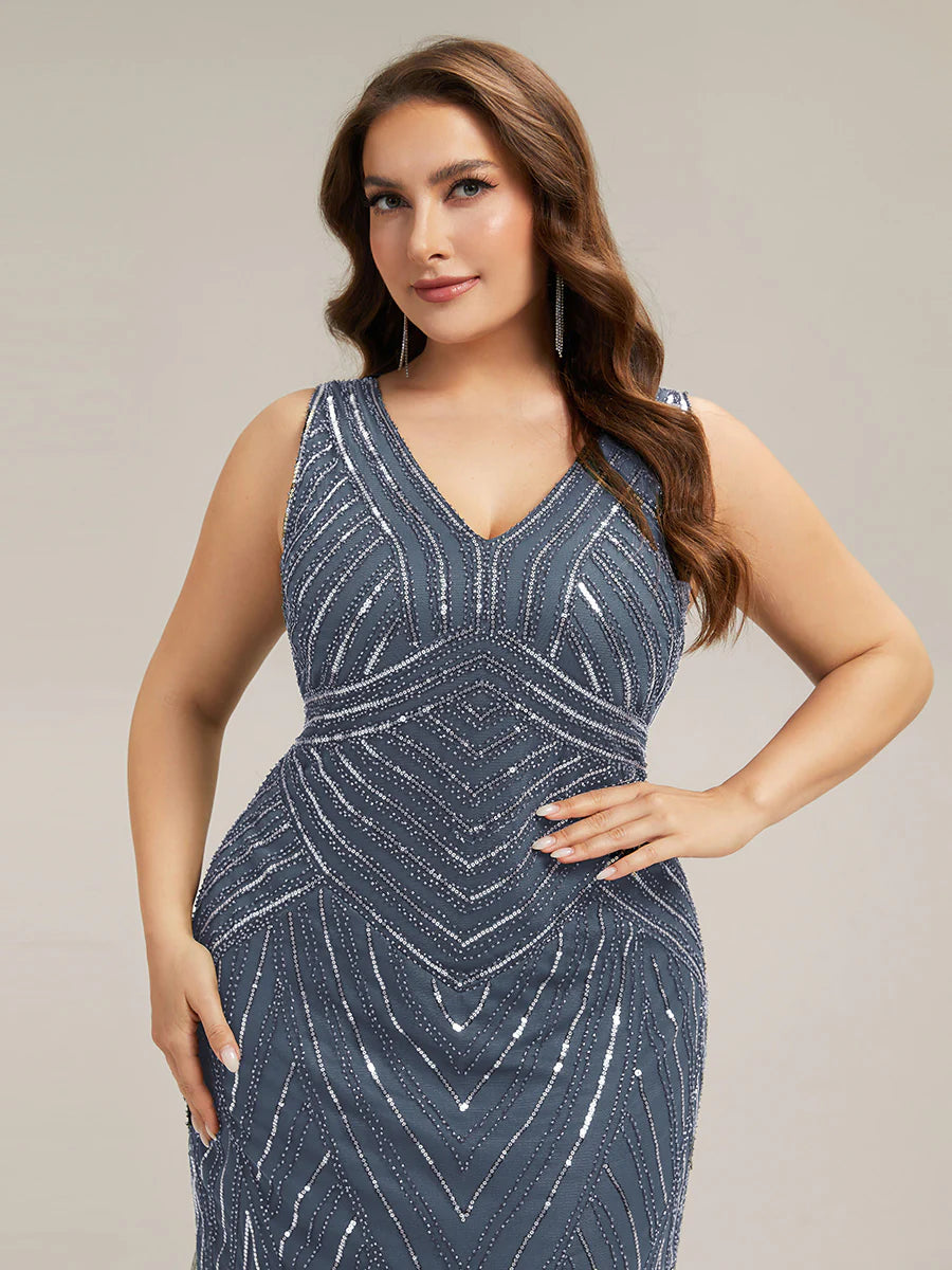 Commercial Wholesale Sleeveless High Stretch Fishtail Beaded V-Neck Evening Dresses