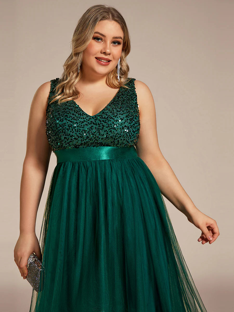 Plus Size Sparkling Wholesale Evening Dresses with Asymmetrical Hem Deep V Neck