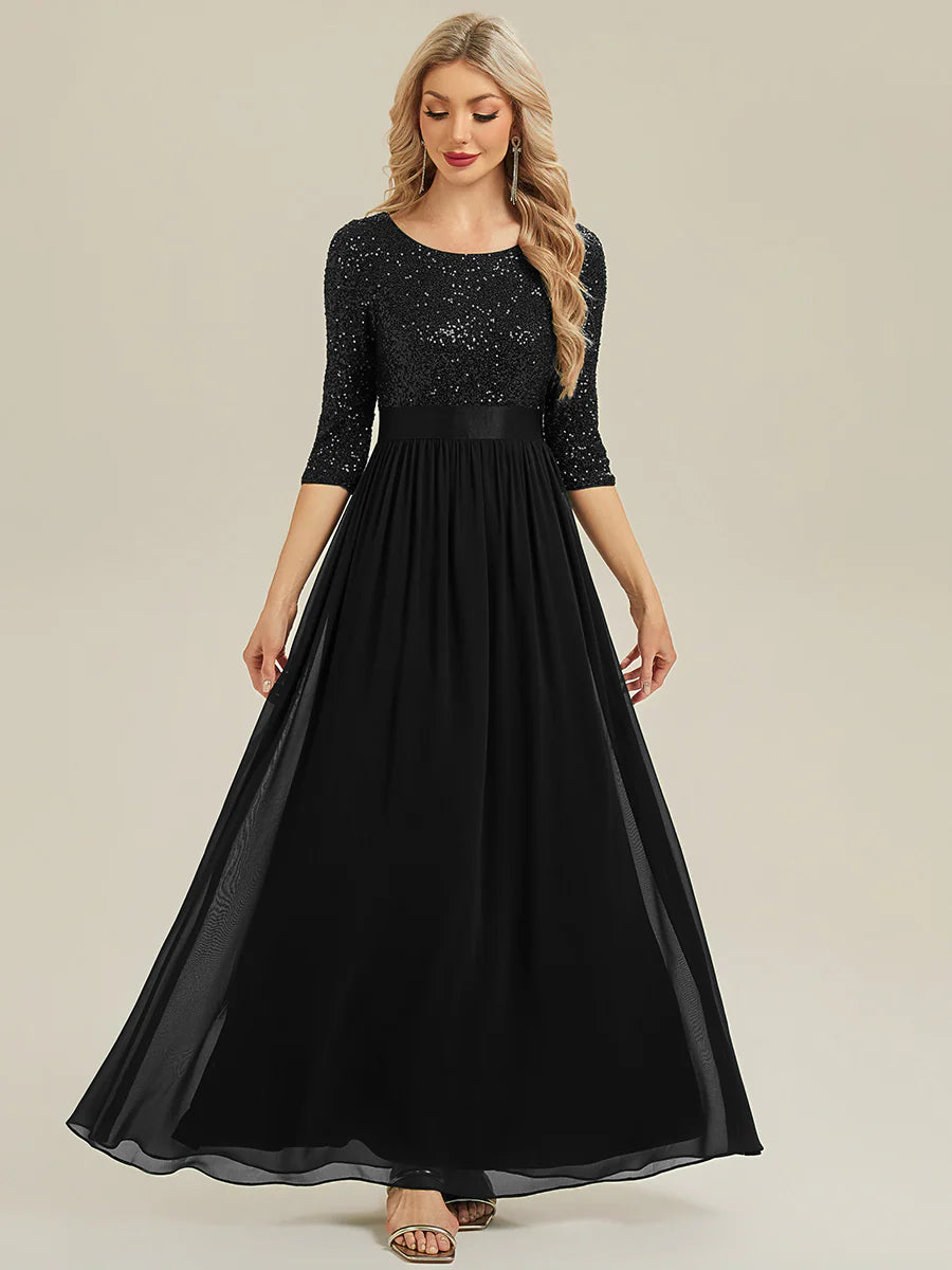 3/4 Sleeve Sequin Patchwork A-Line Floor Length Evening Dresses