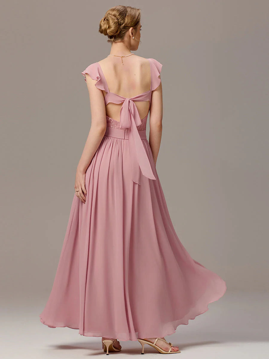 Wholesale Custom Made Back-Tie Pleated Ruffles Sleeves Bridesmaid Dress