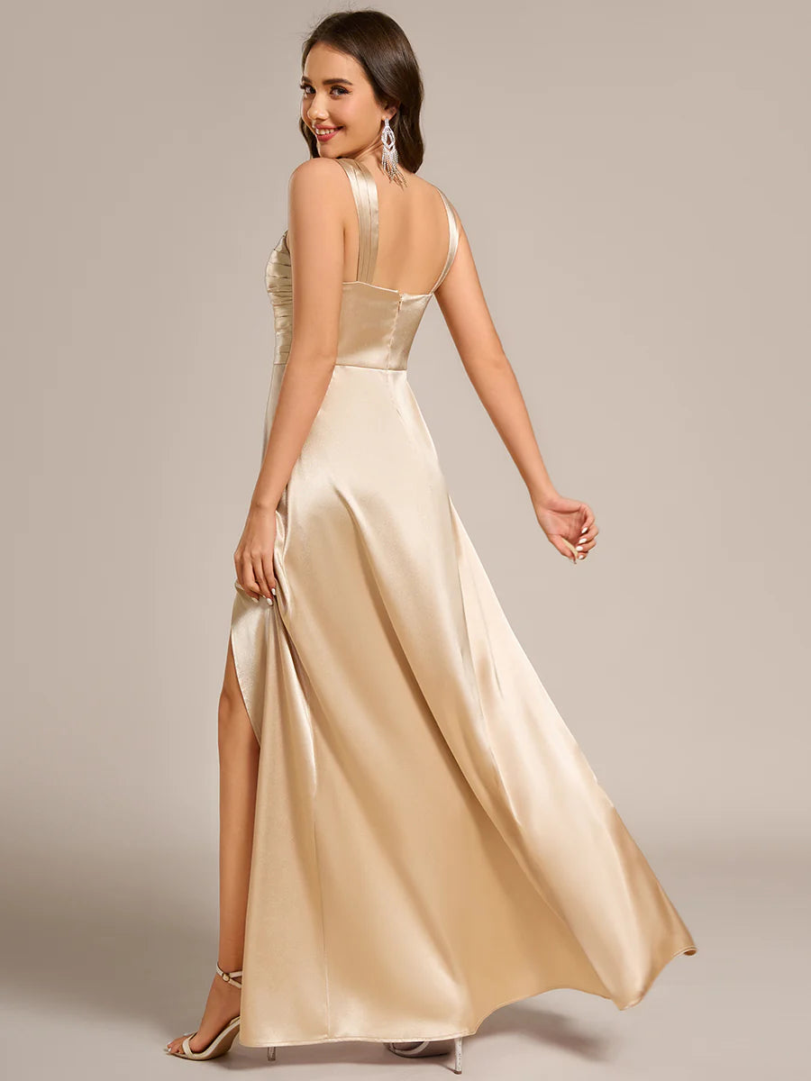 Elegant Bodycon Split Fishtail Floor Length Satin Bridesmaid Dresses with Regular Fold Stream