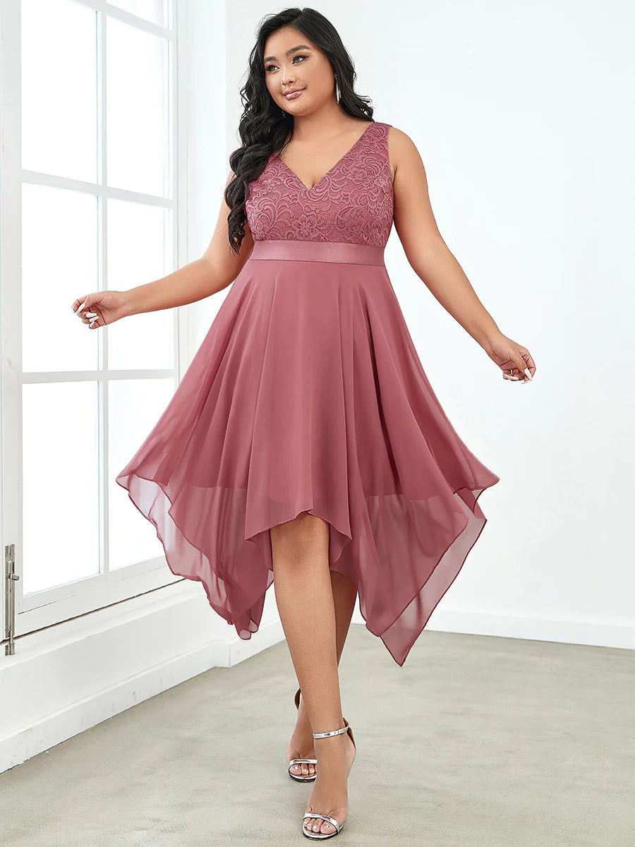 Plus Size Deep V Neck Asymmetrical Hem Sleeveless Wholesale Dresses