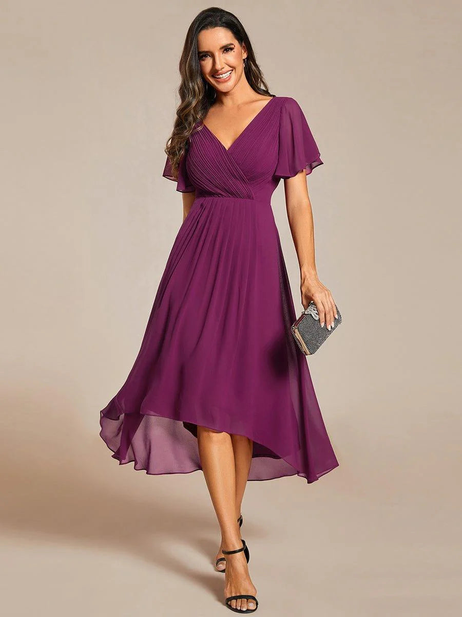 Chic V Neck High-Low Short Sleeve Wedding Guest Dress