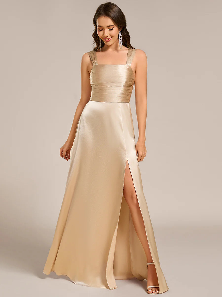 Elegant Bodycon Split Fishtail Floor Length Satin Bridesmaid Dresses with Regular Fold Stream