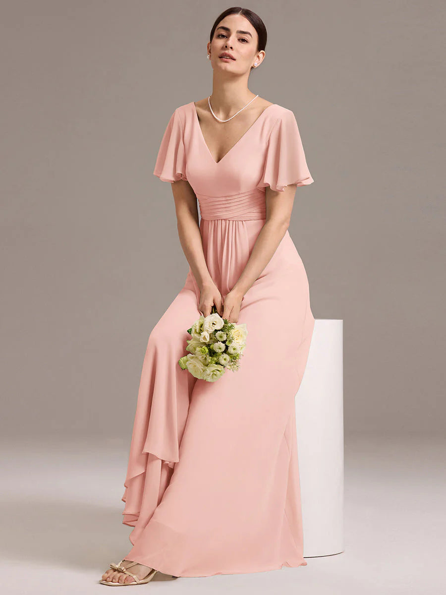 Wholesale | Customizable Double V-Neck Ruffled-Sleeve A-Line Chiffon Dress
