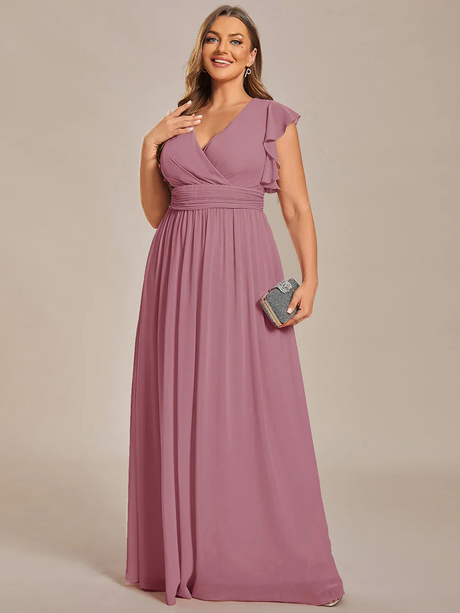 Plus V Neck Pleated Belted Ruffles Wholesale Bridesmaid Dresses