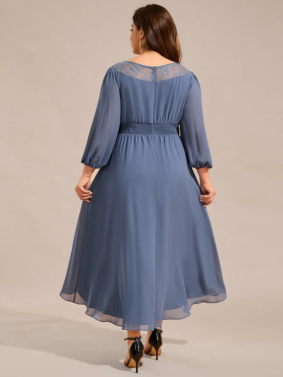 Plus Size Elegant Round Neck Smocking Midi Length Chiffon Wedding Guest Dresses with Asymmetrical Hem