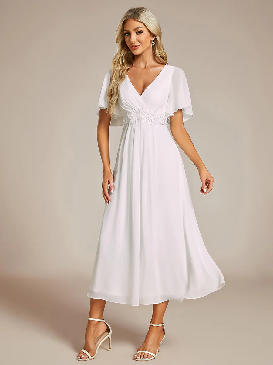 Applique V Neck Tea Length Wedding Guest Dress With Short Sleeves