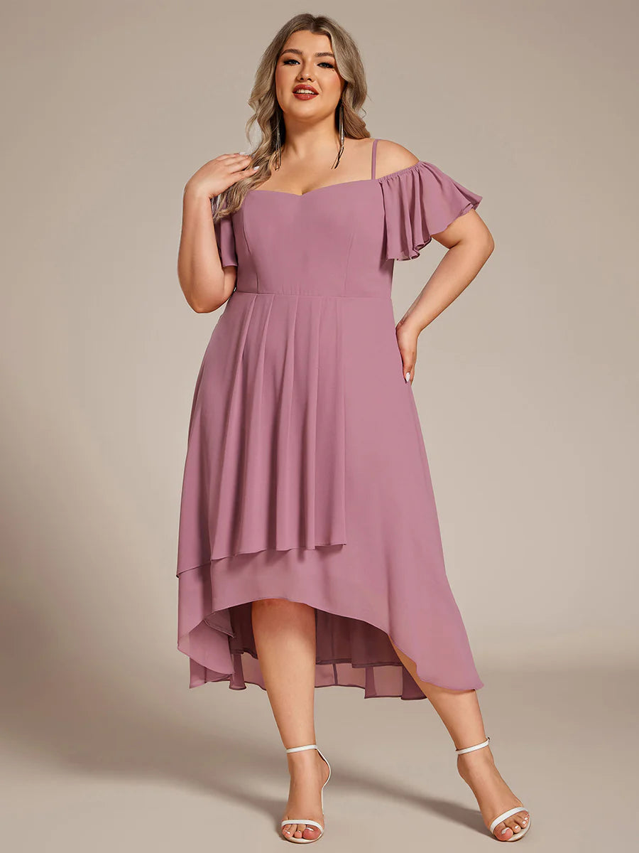 Plus Size Chiffon Spaghetti Strap Cold Shoulder Tea Length Wedding Guest Dress