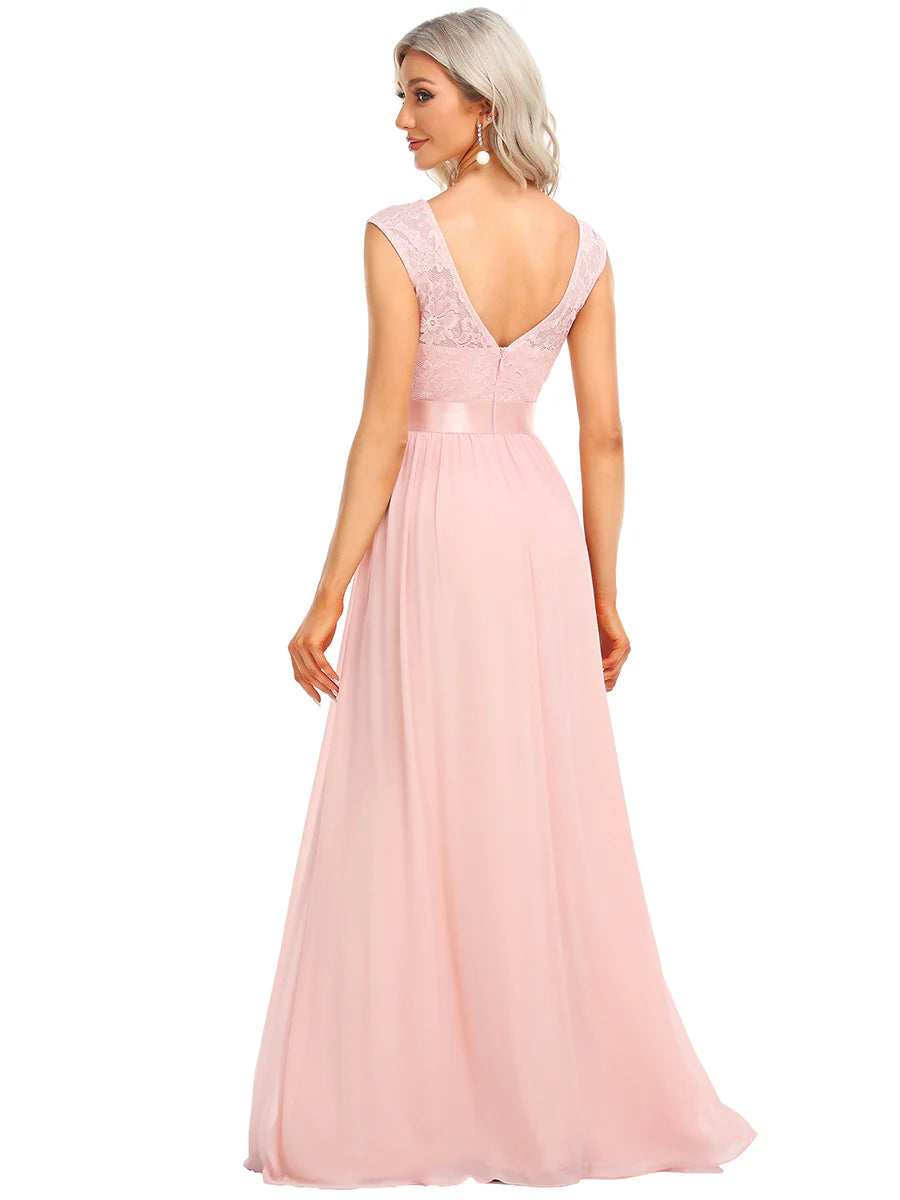 Wholesale V Back Belted Lace & Chiffon Bridesmaid Dresses
