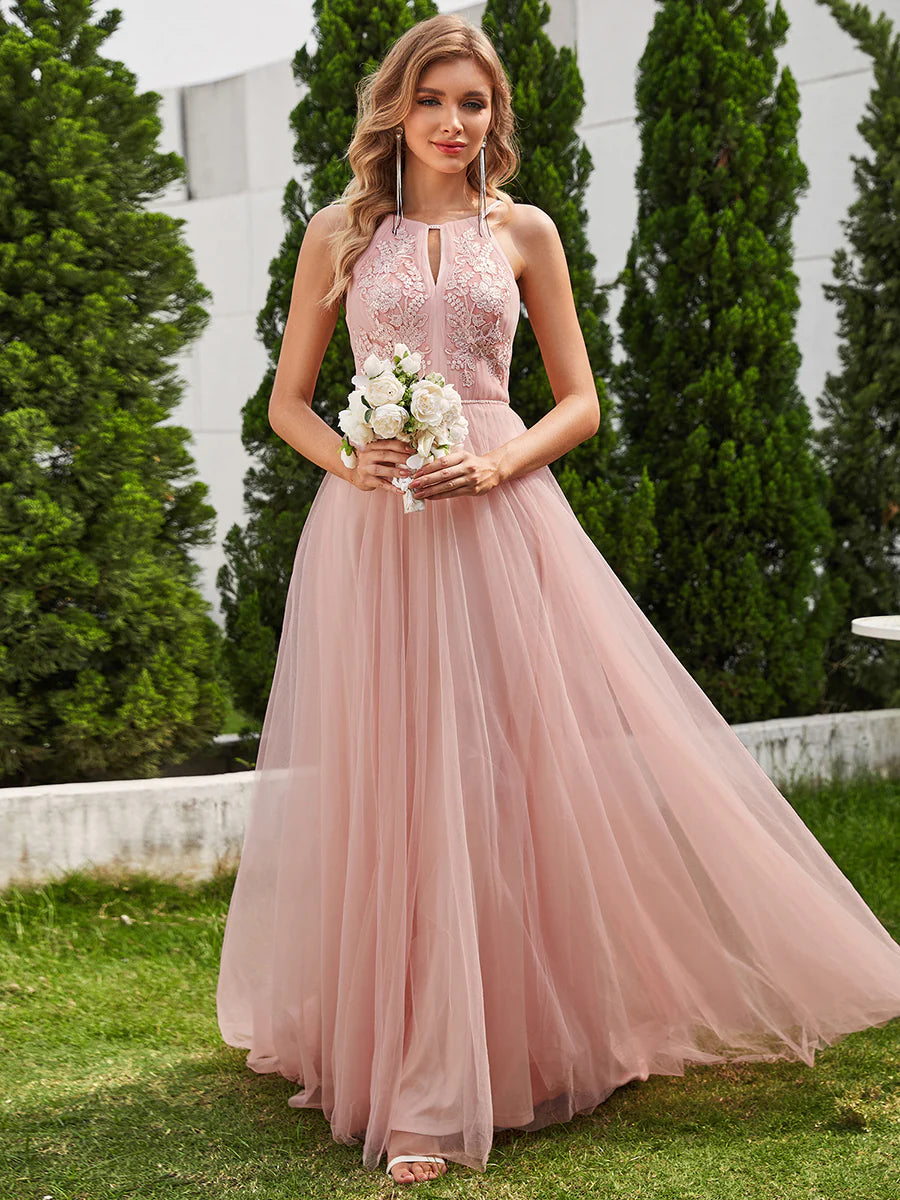 Elegant  A-Line Floor Length Keyhole Neck Sleeveless Wholesale Wedding Dress