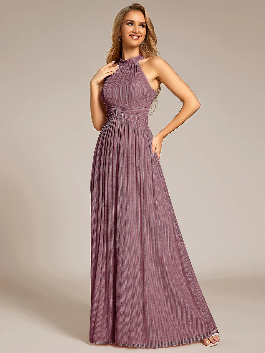 Glittery Halter Neck Pleated Formal Wholesale Evening Dress