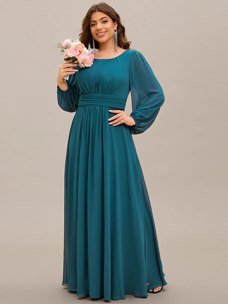 Plus Size Round Neck Wholesale Bridesmaid Dresses with Long Lantern Sleeves