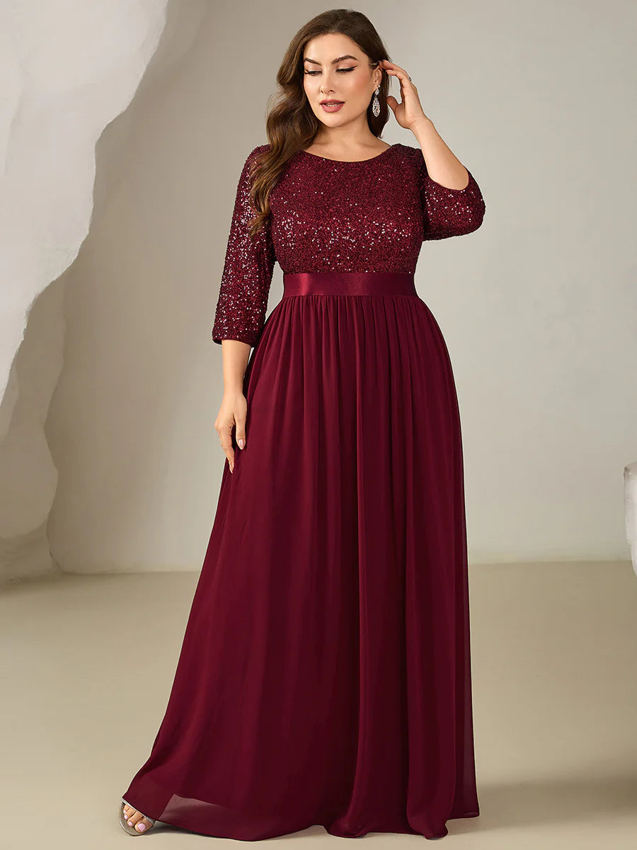 Plus Size 3/4 Sleeve Sequin Patchwork A-Line Floor Length Evening Dresses
