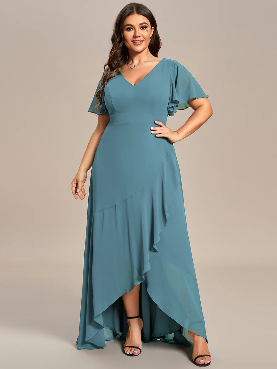 Plus V Neck High Low Ruffles Chiffon Wholesale Bridesmaid Dresses