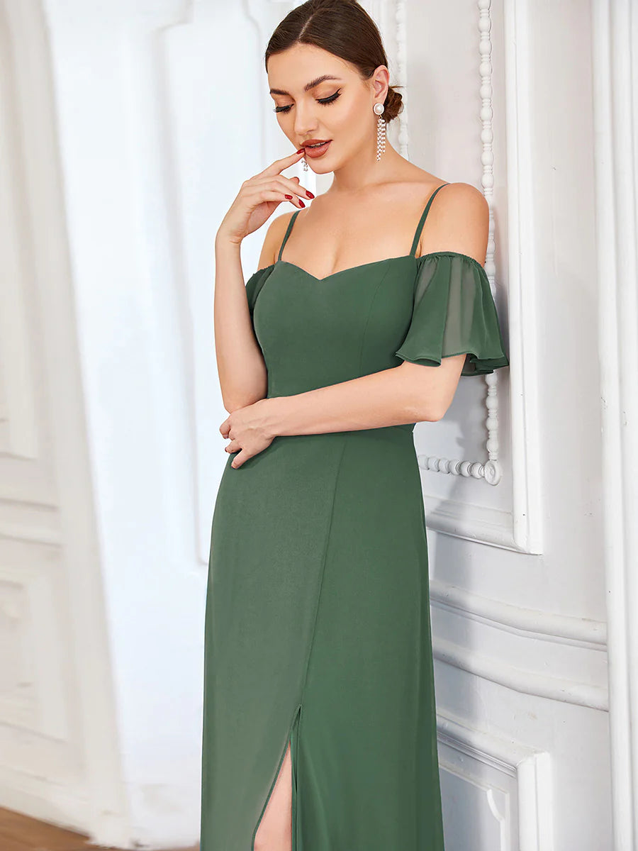 Wholesale High Split Chiffon Bridesmaid Dress With Spaghetti Straps